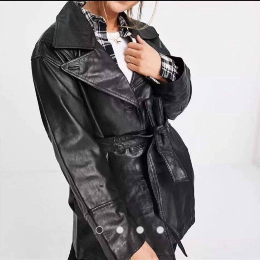 ASOS DESIGN Womens Black Leather Belted Jacket Trench Coat Size 8 NEW